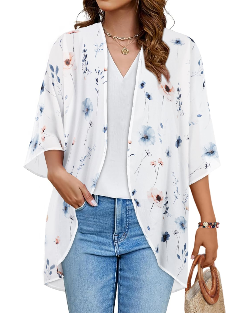 Kimono floral de mujer Avery – Chifón ligero, mangas cortas y corte holgado