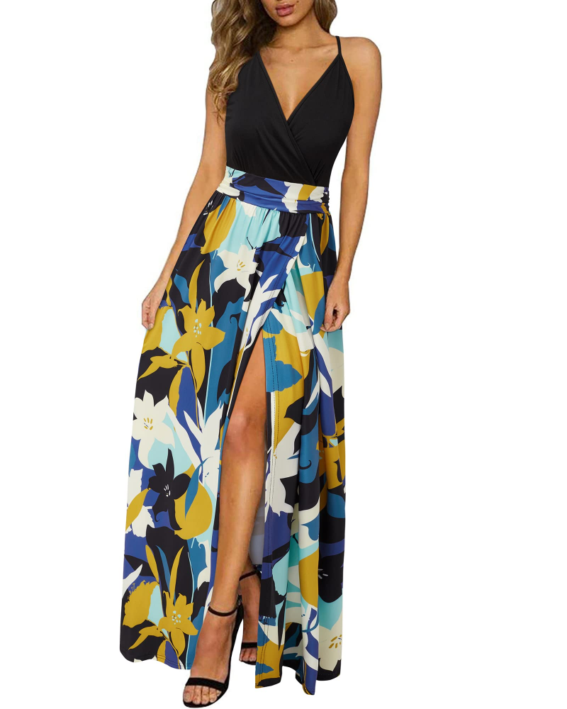 Savannah Damen-Maxikleid – Blumenmuster, V-Ausschnitt, verstellbare Träger und Schlitze