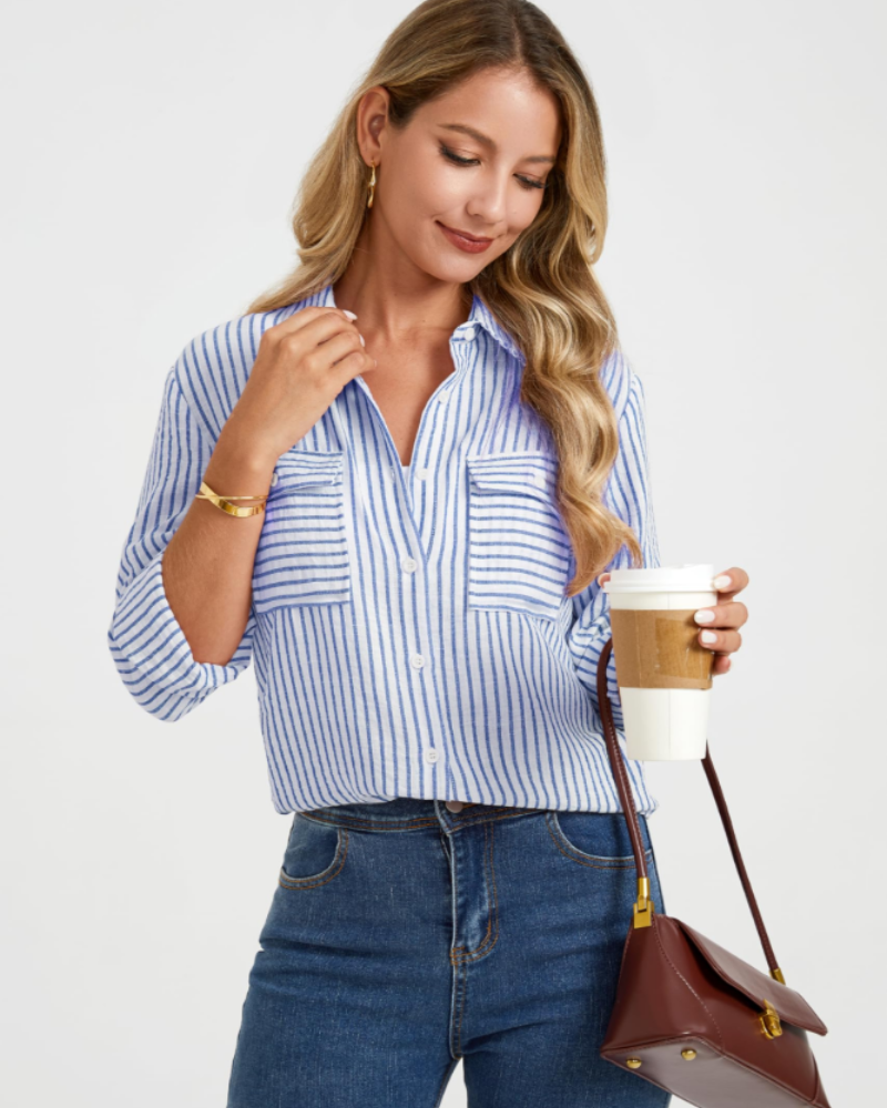 Winona Camicia Donna – Cotone e Lino, Righe, Collo a V, Tasche e Maniche Lunghe
