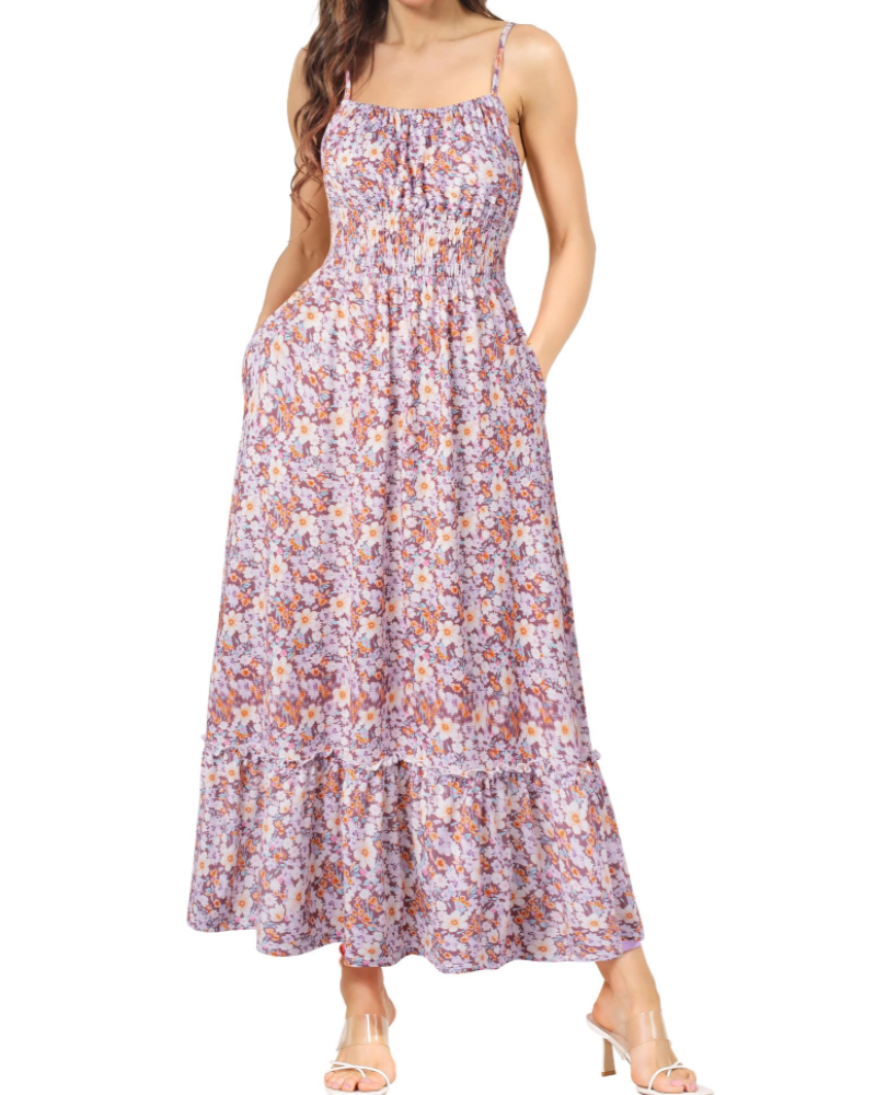 Marissa Abito maxi da donna floreale – spalline regolabili, vita arricciata e gonna a balze