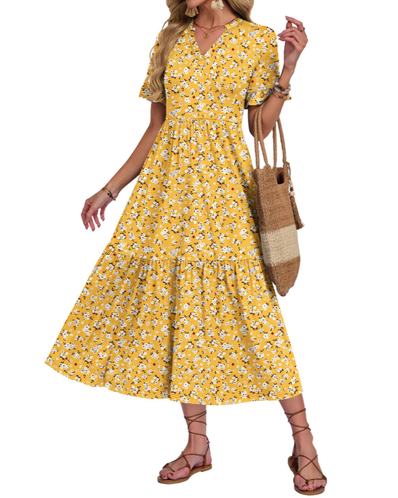 Tatum Langes Damenkleid – V-Ausschnitt, Volantärmel, Rüschen und Seitentaschen