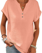 Evelyn Camiseta de mujer – Lino y algodón, escote en V con botones y mangas cortas