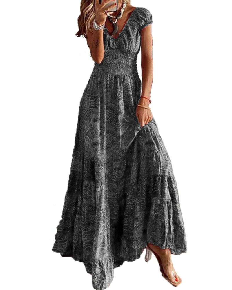 Keira Women's Maxi Dress – Boho Floral Print, V-Neck and Elasticated Waist