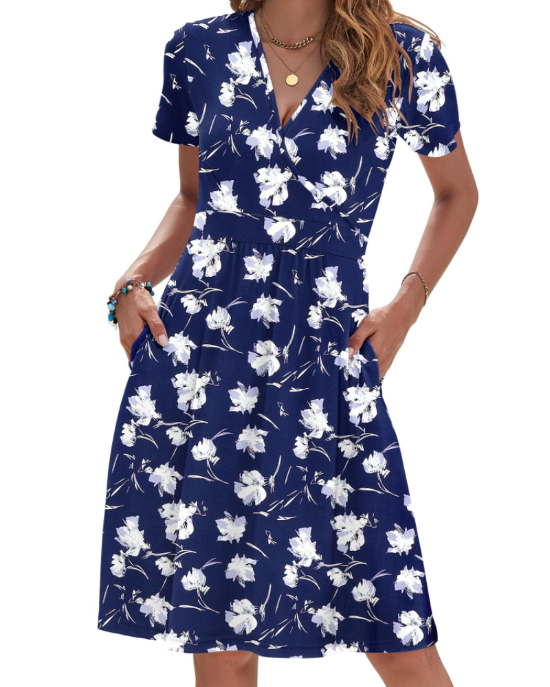 Brielle Vestido de verano para mujer – Escote en V, cintura cruzada y bolsillos laterales