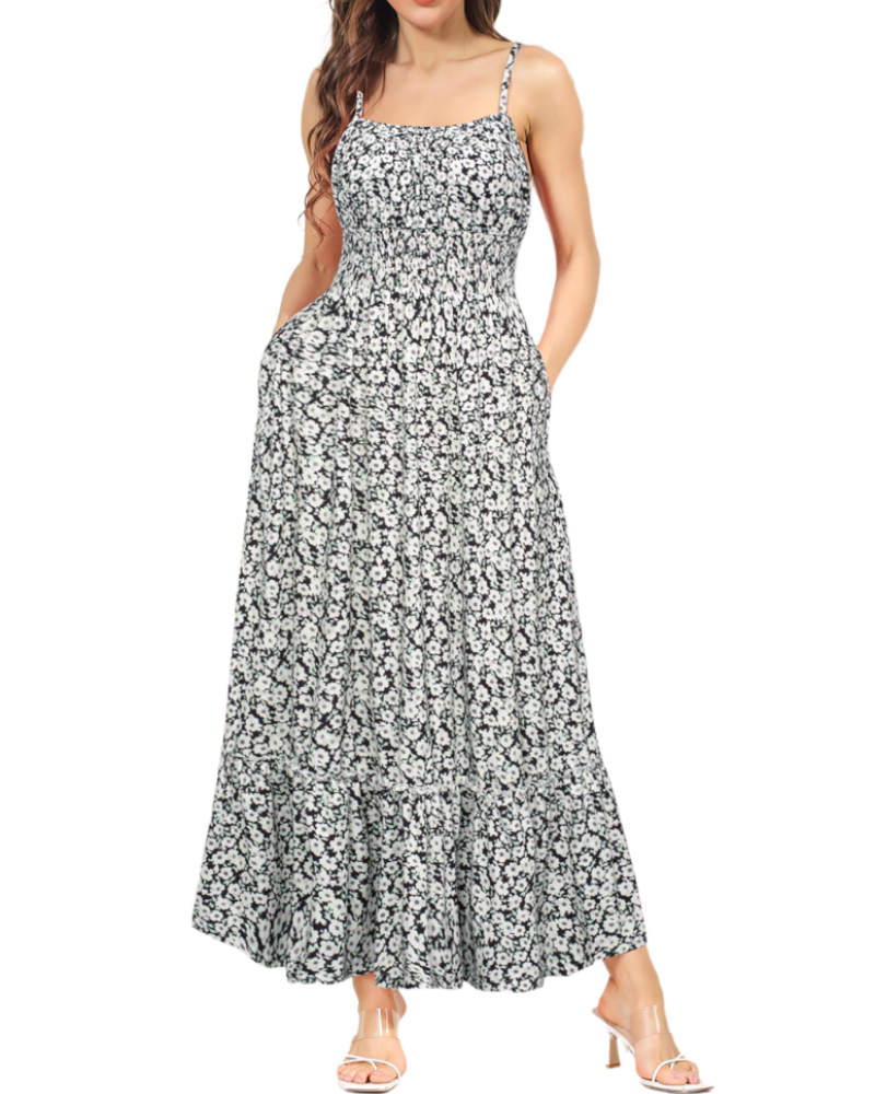 Marissa Abito maxi da donna floreale – spalline regolabili, vita arricciata e gonna a balze