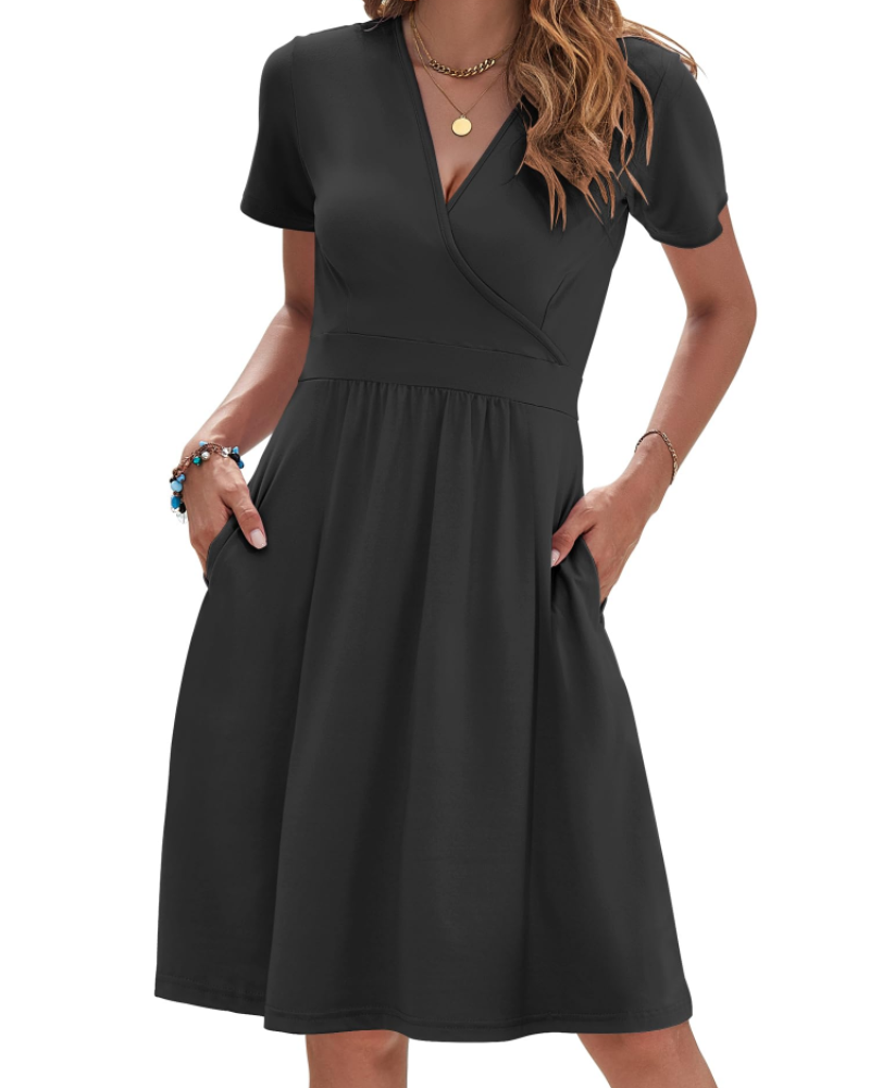 Brielle Vestido de verano para mujer – Escote en V, cintura cruzada y bolsillos laterales