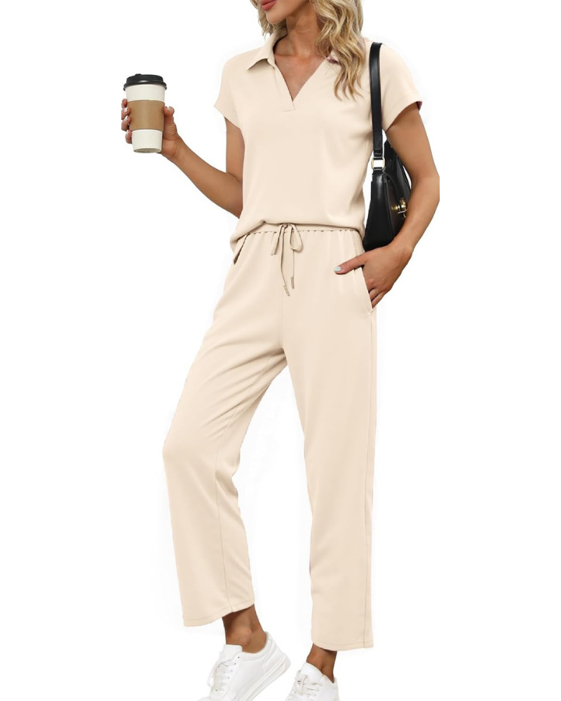 Lillian Komplettes Damen-Sommeroutfit – Oberteil mit V-Ausschnitt und weite Hose mit Taschen