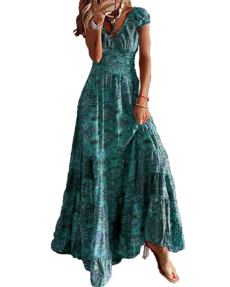Keira Women's Maxi Dress – Boho Floral Print, V-Neck and Elasticated Waist