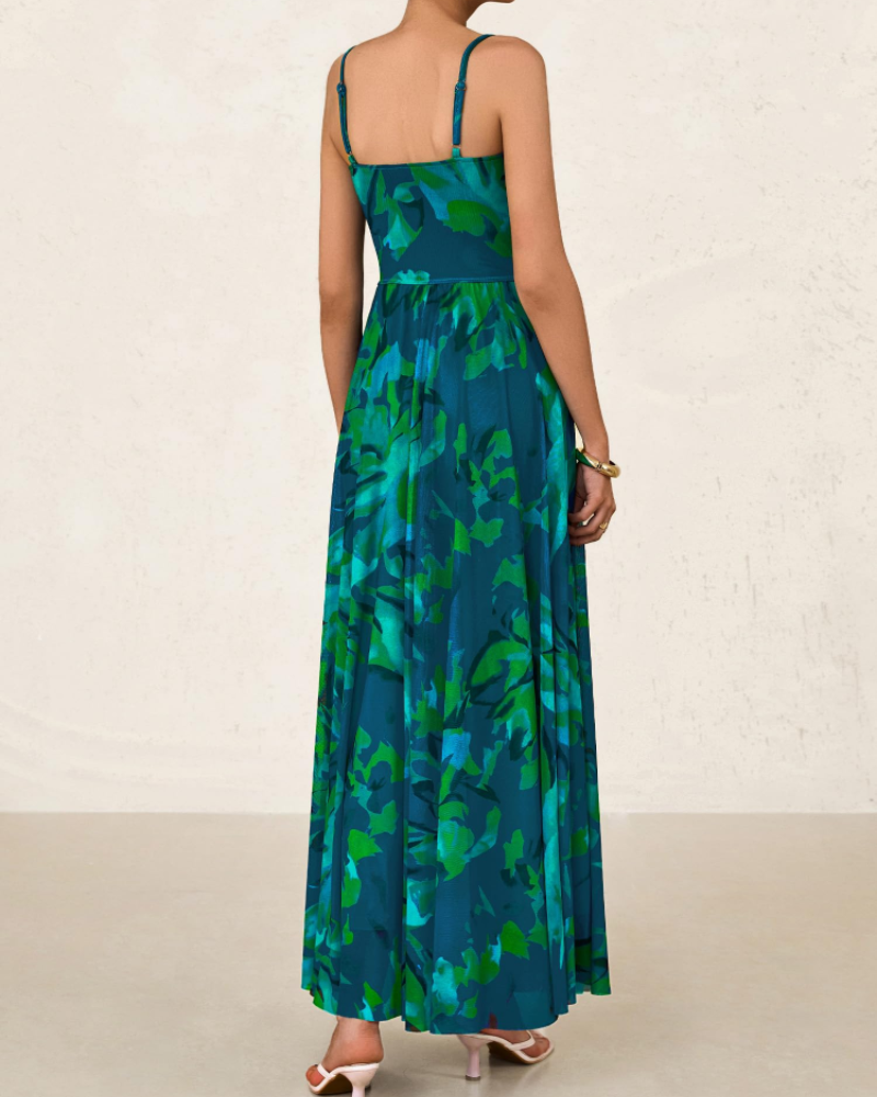 Sophia Abito Maxi Mujer – Vestido floral de malla con escote drapeado y tirantes