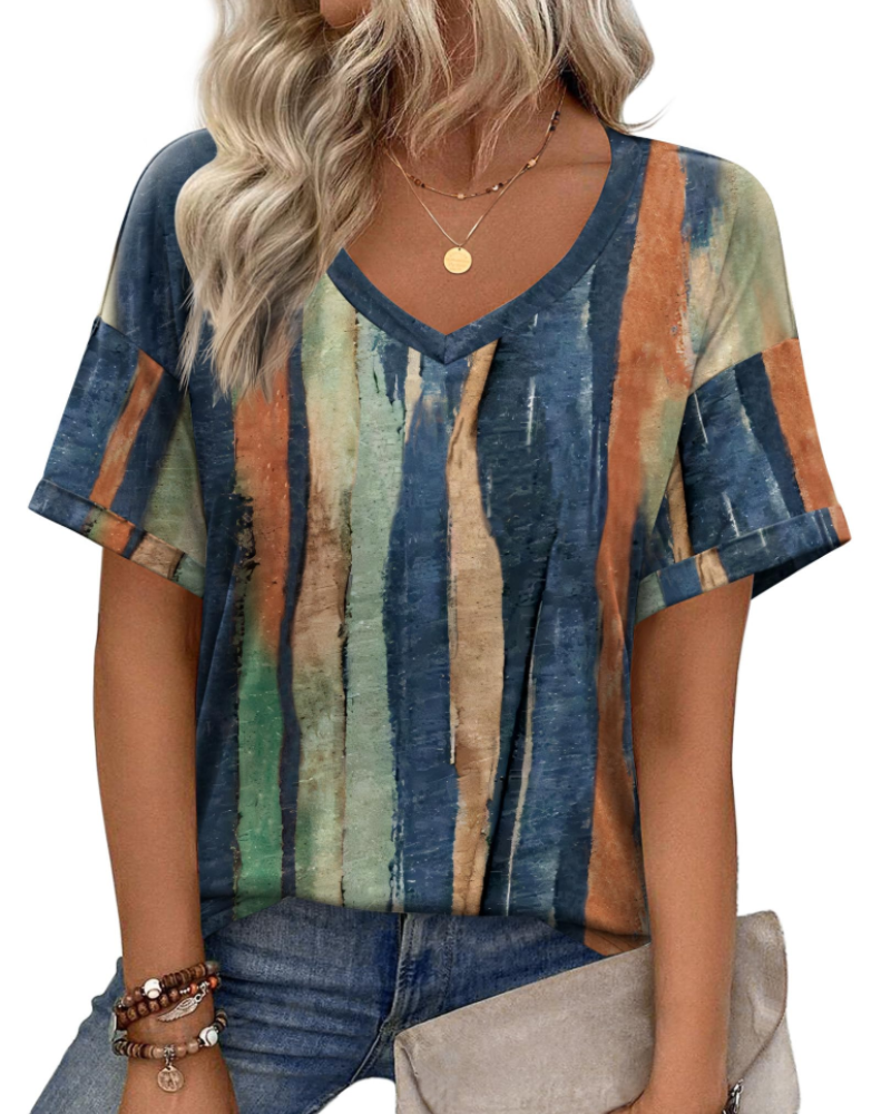 T-shirt damski Roxanne – dekolt w serek, krótkie rękawy i luźny krój