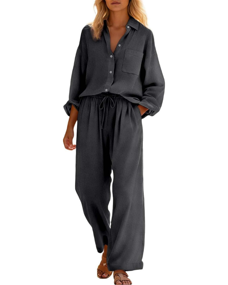 Conjunto completo Belinda para mujer de lino y algodón: dos piezas curvy con hombros caídos