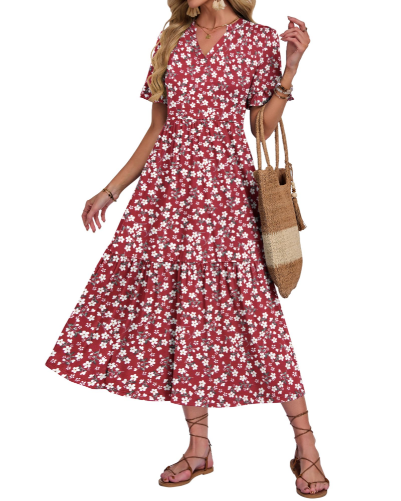 Tatum Langes Damenkleid – V-Ausschnitt, Volantärmel, Rüschen und Seitentaschen