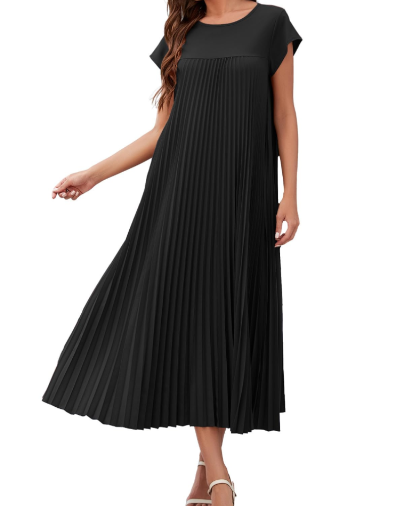Kinley Abito Maxi Donna – Plissettato, Girocollo, Tinta Unita e Tasche Laterali