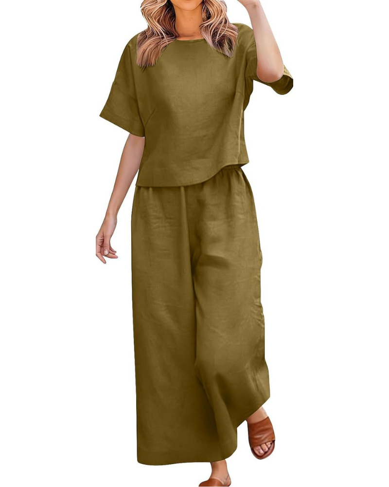 Komplettes Damen-Outfit aus Leinen und Baumwolle – T-Shirt und weite Curvy-Hose