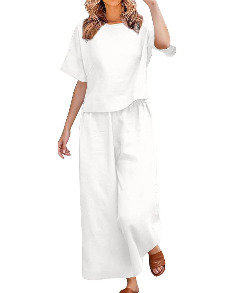 Komplettes Damen-Outfit aus Leinen und Baumwolle – T-Shirt und weite Curvy-Hose