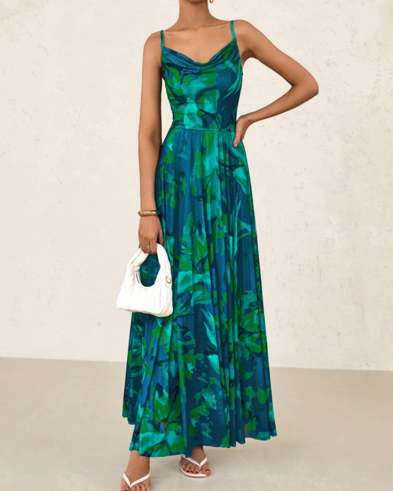 Sophia Abito Maxi Mujer – Vestido floral de malla con escote drapeado y tirantes