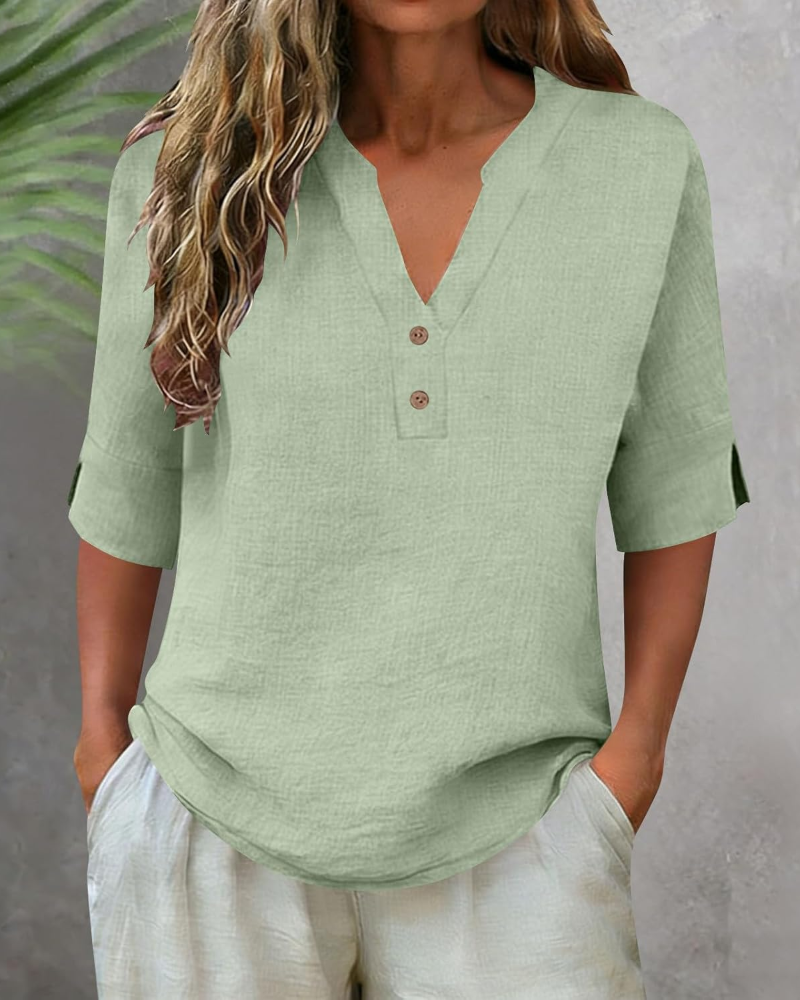 Kimberly Camicetta Donna – Cotone e Lino, Scollo a V, Maniche Corte e Bottoni