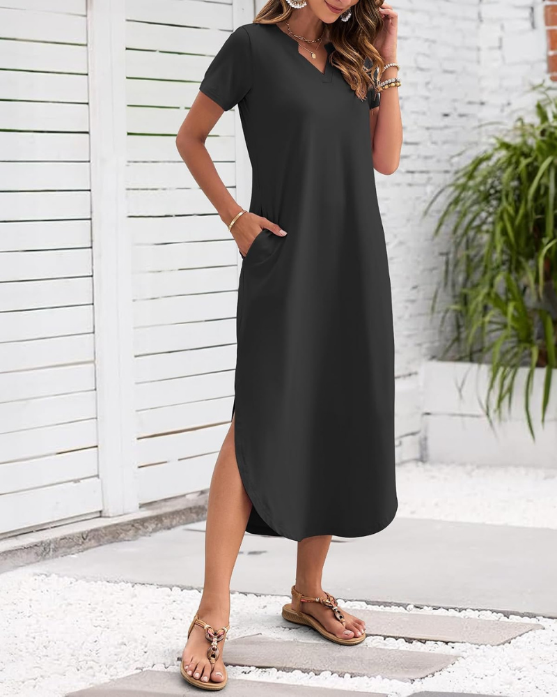 Madeline Abito Maxi Donna – Scollo a V, Maniche Corte, Spacco e Tasche Laterali