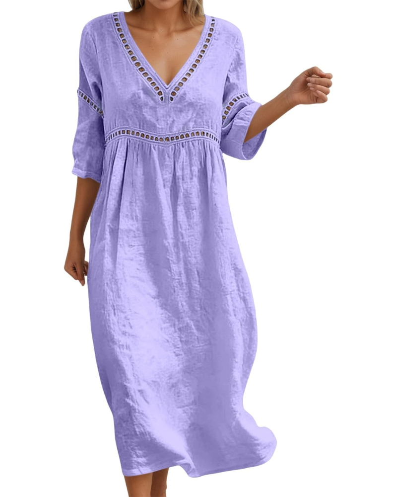 Georgia Women's Long Dress – Cotton, V-Neck, 3/4 Sleeves, and Boho-Chic Style