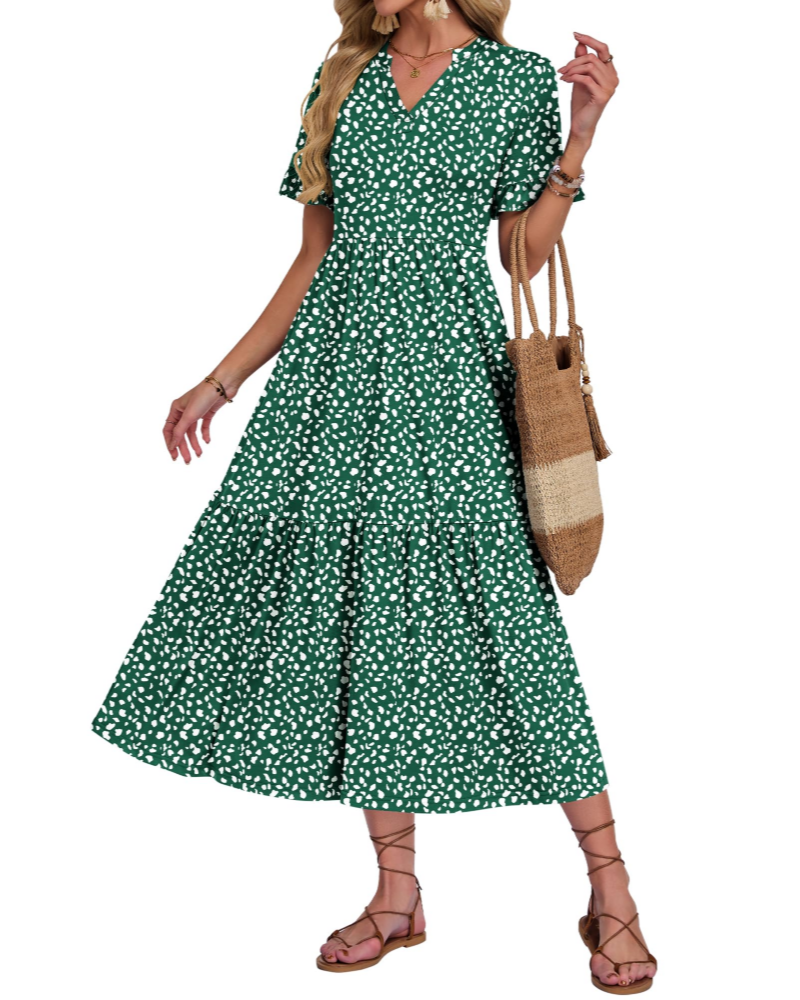 Tatum Langes Damenkleid – V-Ausschnitt, Volantärmel, Rüschen und Seitentaschen