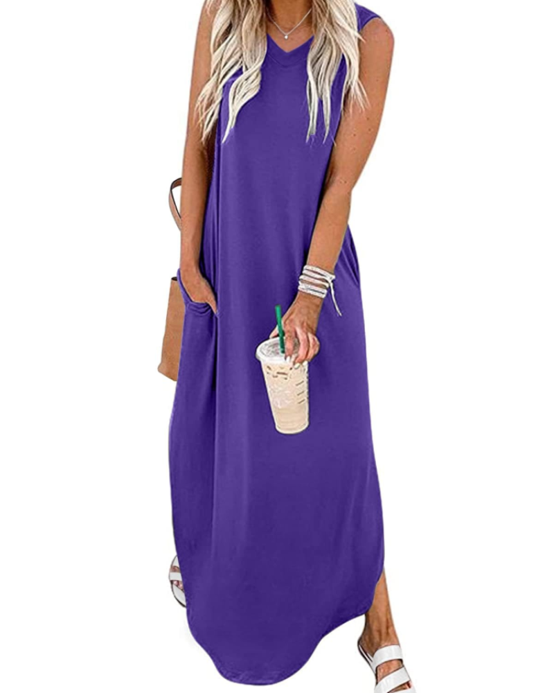Brinley Women’s Maxi Dress – V-Neck, Side Slits, and Pockets