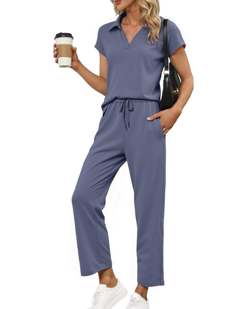 Lillian Komplettes Damen-Sommeroutfit – Oberteil mit V-Ausschnitt und weite Hose mit Taschen