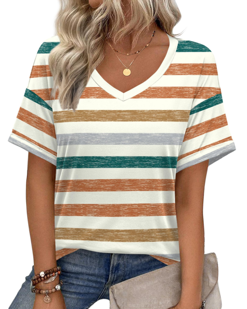 T-shirt damski Roxanne – dekolt w serek, krótkie rękawy i luźny krój