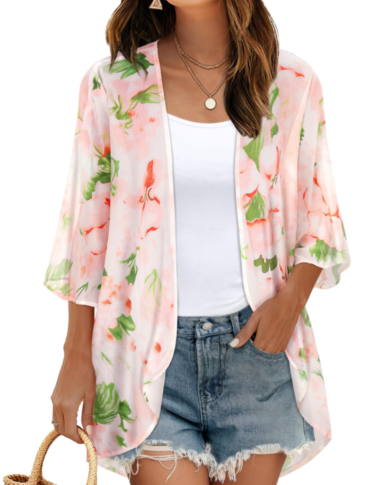 Kimono floral de mujer Avery – Chifón ligero, mangas cortas y corte holgado