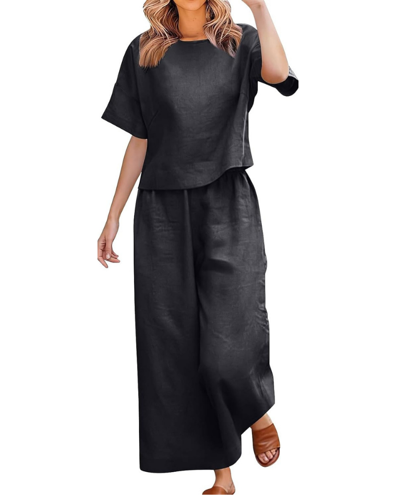 Komplettes Damen-Outfit aus Leinen und Baumwolle – T-Shirt und weite Curvy-Hose