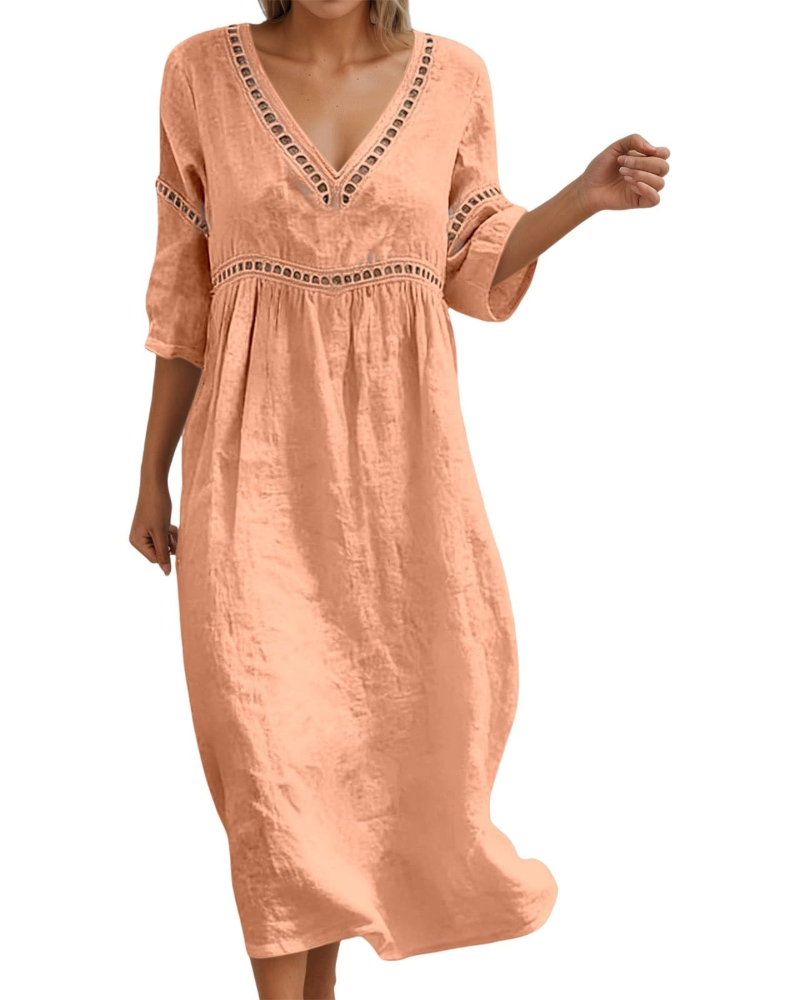 Georgia Women's Long Dress – Cotton, V-Neck, 3/4 Sleeves, and Boho-Chic Style