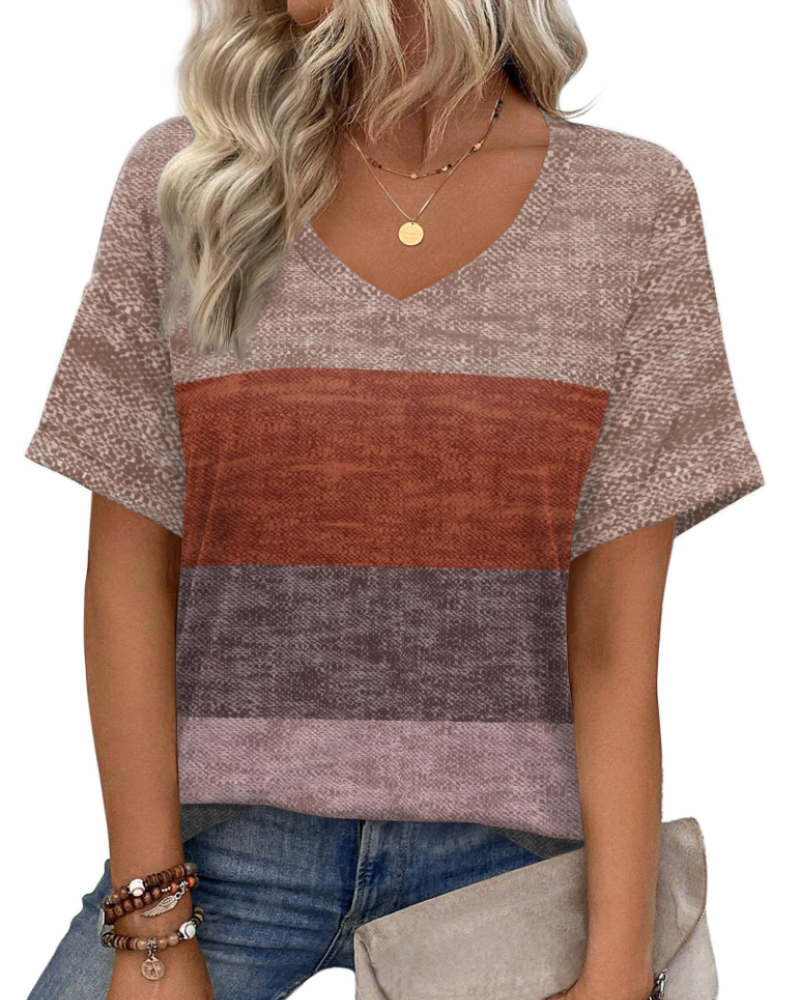 T-shirt damski Roxanne – dekolt w serek, krótkie rękawy i luźny krój