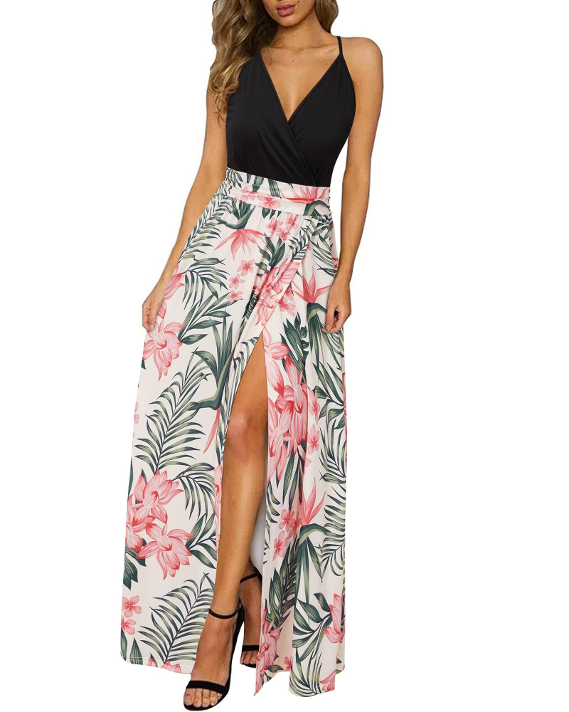 Savannah Damen-Maxikleid – Blumenmuster, V-Ausschnitt, verstellbare Träger und Schlitze
