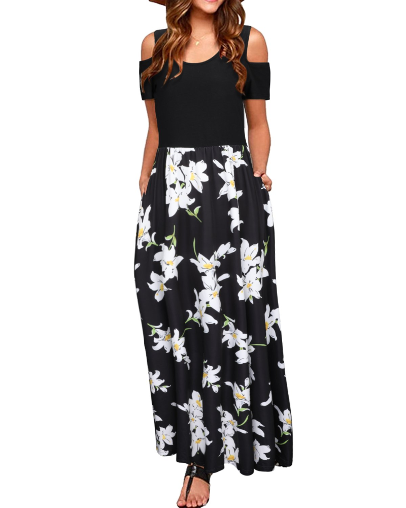Sutton Maxi-Kleid für Damen – schulterfrei, mit Blumenmuster und Seitentaschen