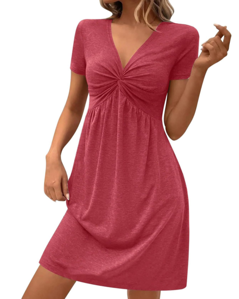 Roxanne Abito Mini Donna – Scollo a V, Vita Alta, Maniche Corte e Pieghe