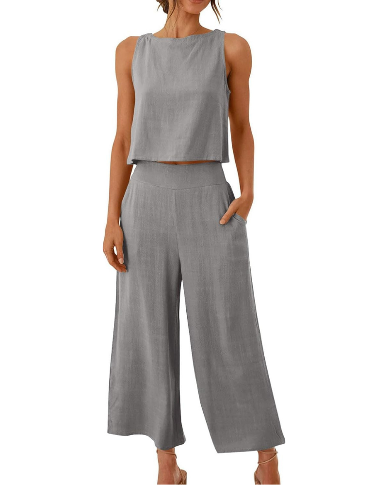 Conjunto completo Abigail para mujer en lino: camiseta y pantalones anchos para tallas grandes