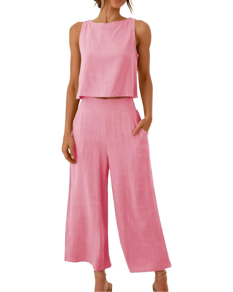 Conjunto completo Abigail para mujer en lino: camiseta y pantalones anchos para tallas grandes