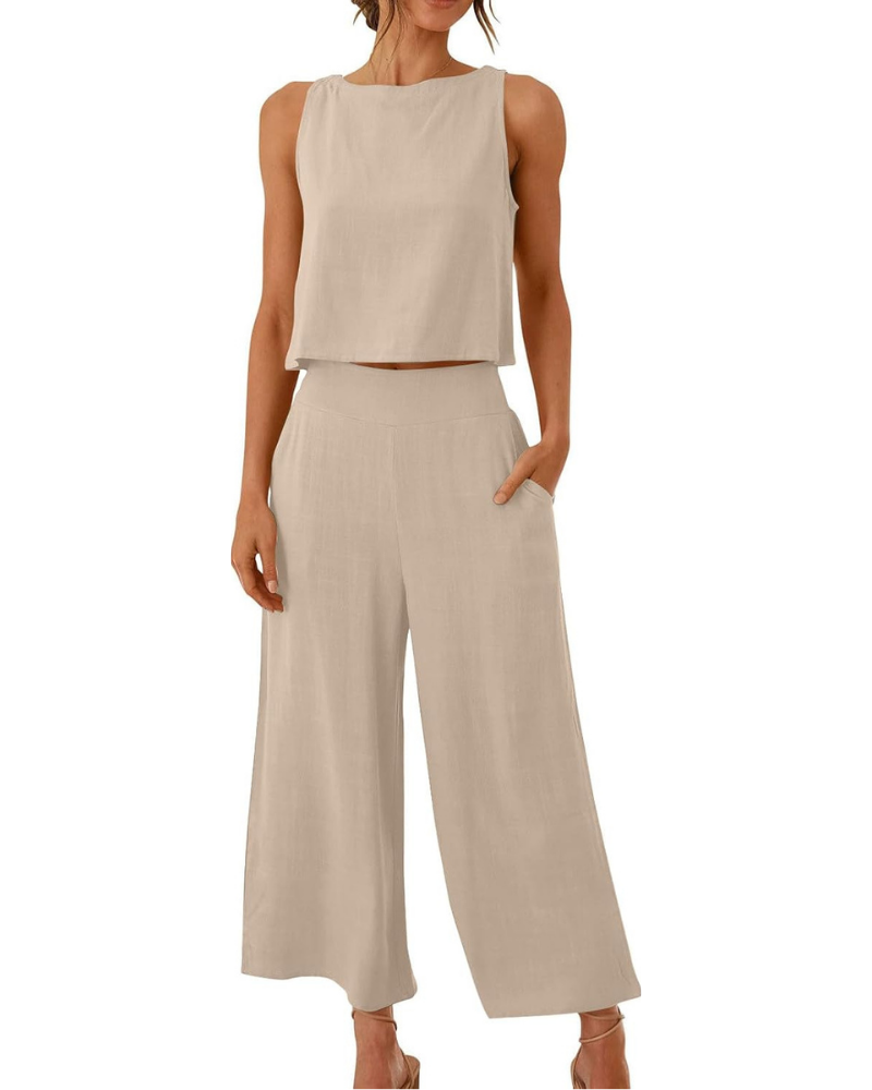 Conjunto completo Abigail para mujer en lino: camiseta y pantalones anchos para tallas grandes