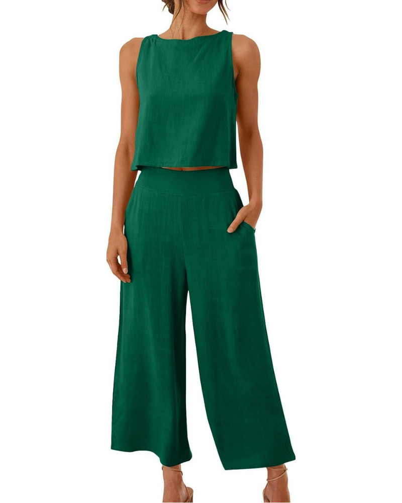 Conjunto completo Abigail para mujer en lino: camiseta y pantalones anchos para tallas grandes