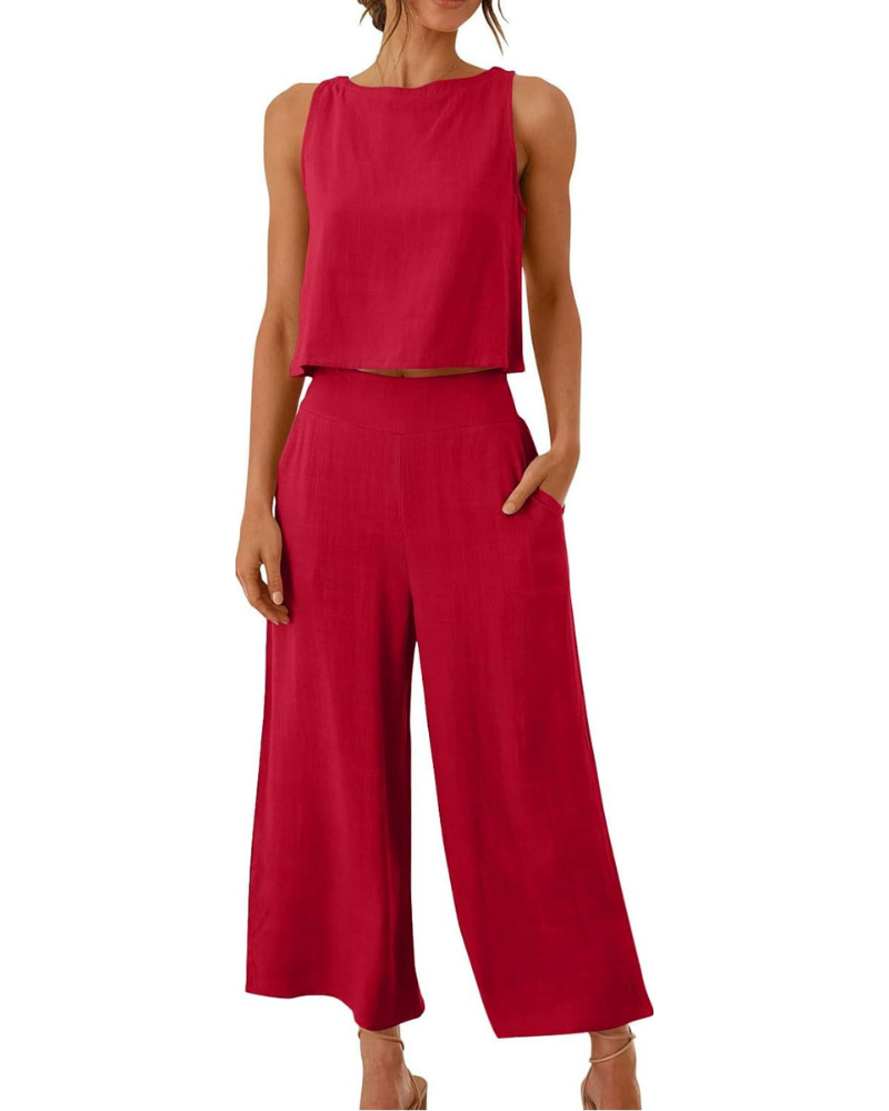 Conjunto completo Abigail para mujer en lino: camiseta y pantalones anchos para tallas grandes