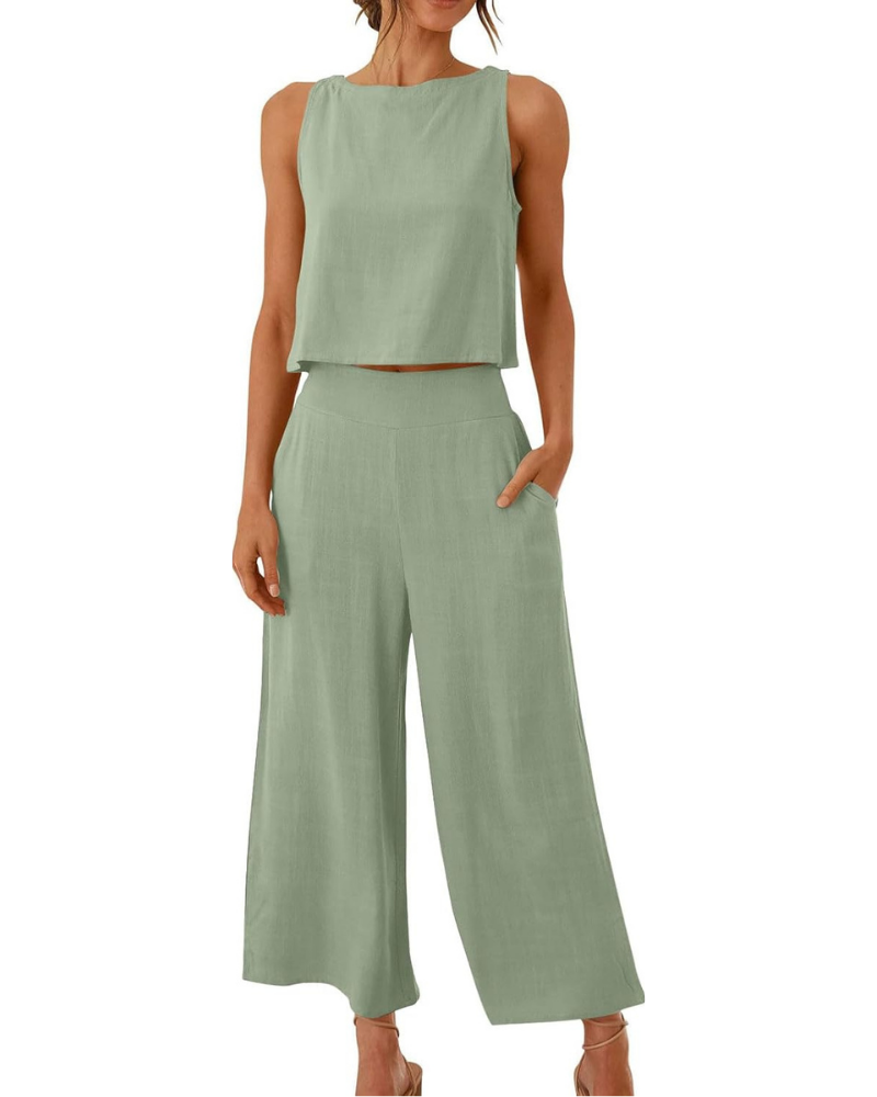 Conjunto completo Abigail para mujer en lino: camiseta y pantalones anchos para tallas grandes