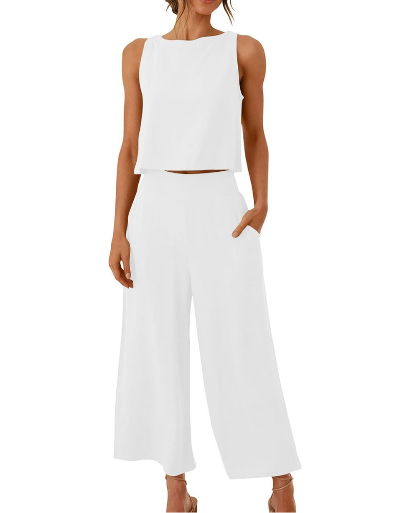 Conjunto completo Abigail para mujer en lino: camiseta y pantalones anchos para tallas grandes