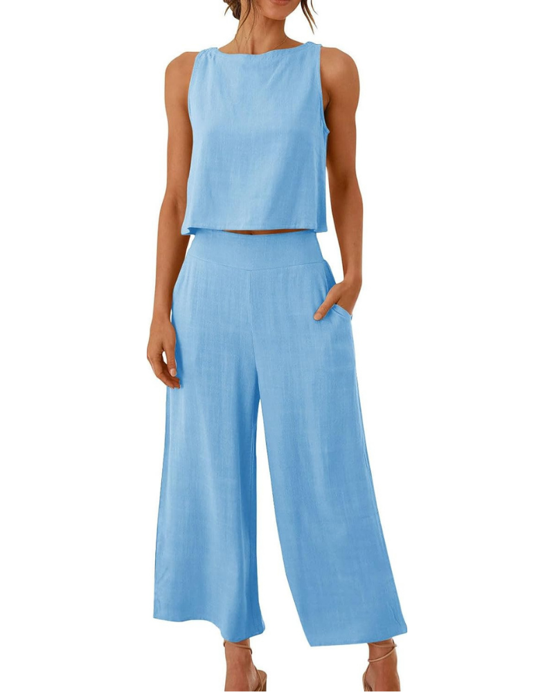 Conjunto completo Abigail para mujer en lino: camiseta y pantalones anchos para tallas grandes