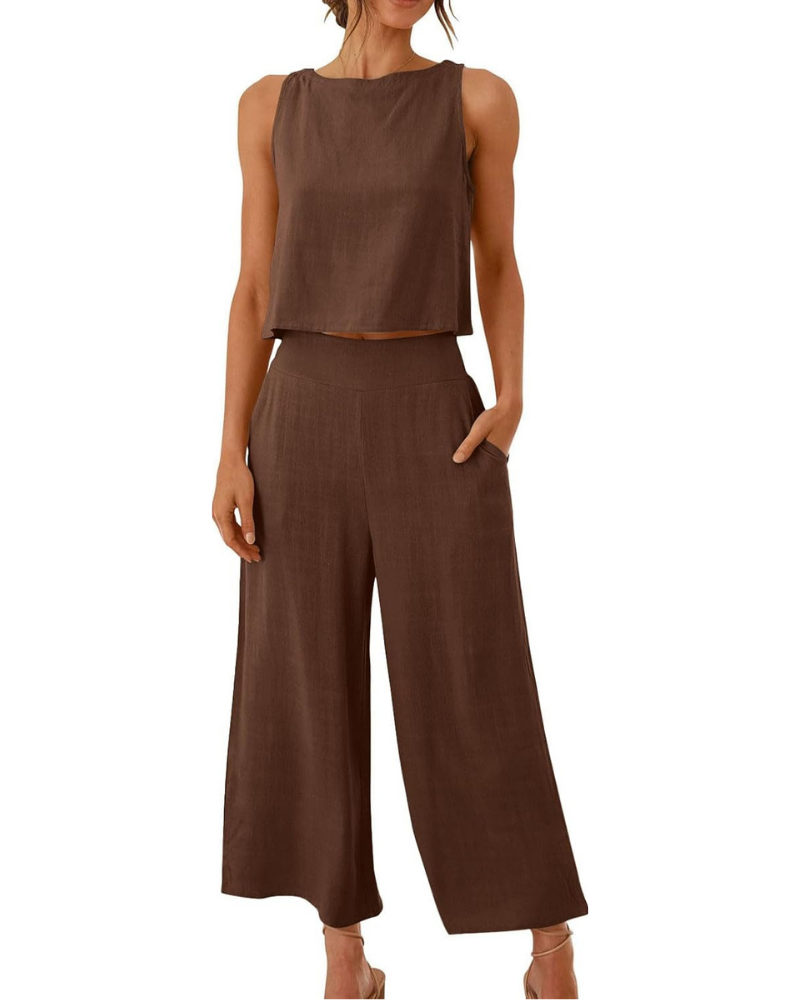 Conjunto completo Abigail para mujer en lino: camiseta y pantalones anchos para tallas grandes
