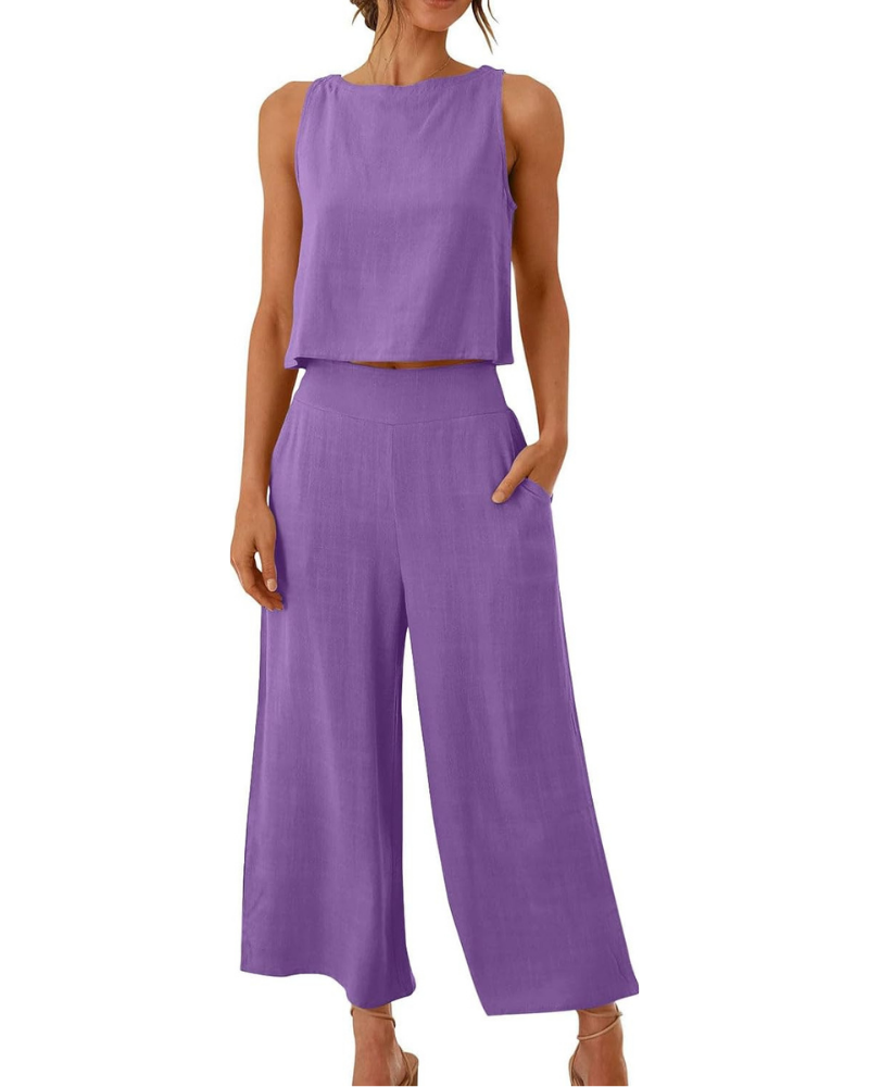 Conjunto completo Abigail para mujer en lino: camiseta y pantalones anchos para tallas grandes