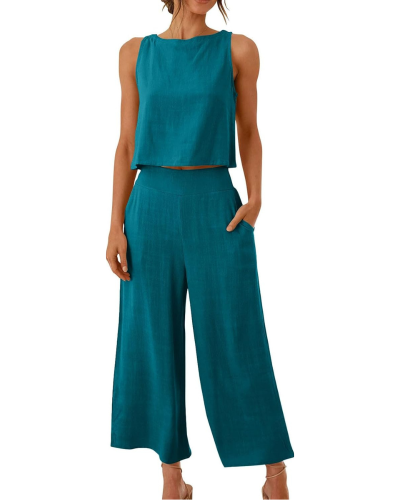 Conjunto completo Abigail para mujer en lino: camiseta y pantalones anchos para tallas grandes