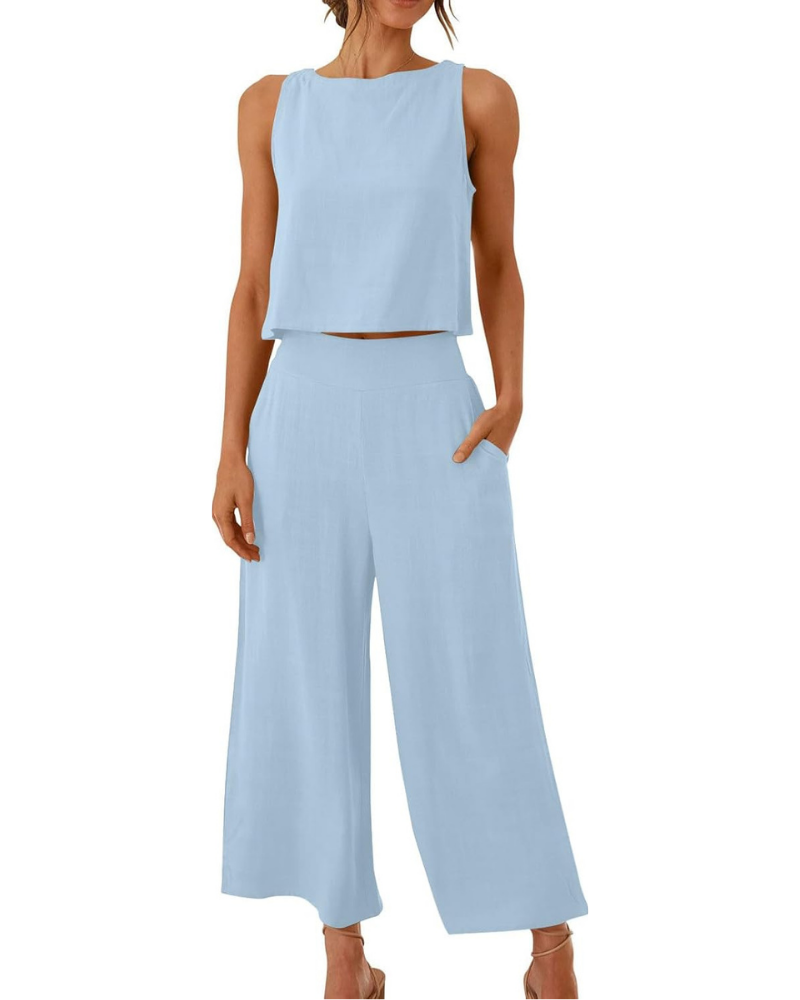 Conjunto completo Abigail para mujer en lino: camiseta y pantalones anchos para tallas grandes