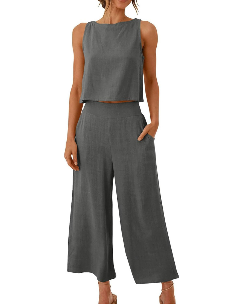 Conjunto completo Abigail para mujer en lino: camiseta y pantalones anchos para tallas grandes
