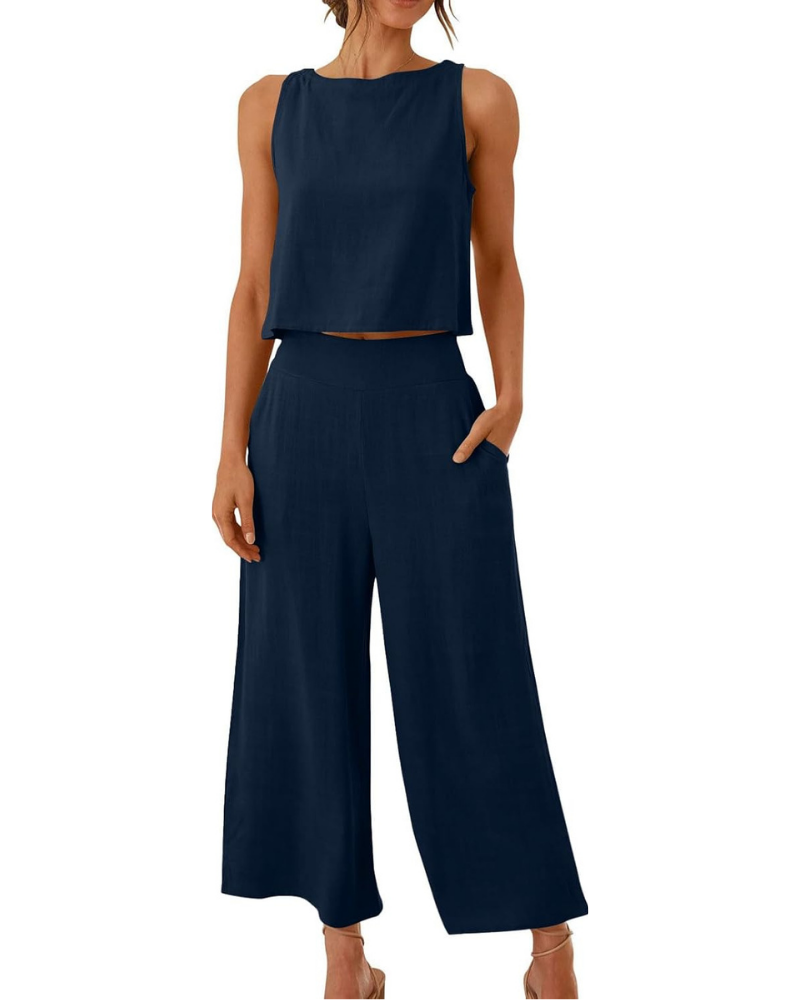 Conjunto completo Abigail para mujer en lino: camiseta y pantalones anchos para tallas grandes