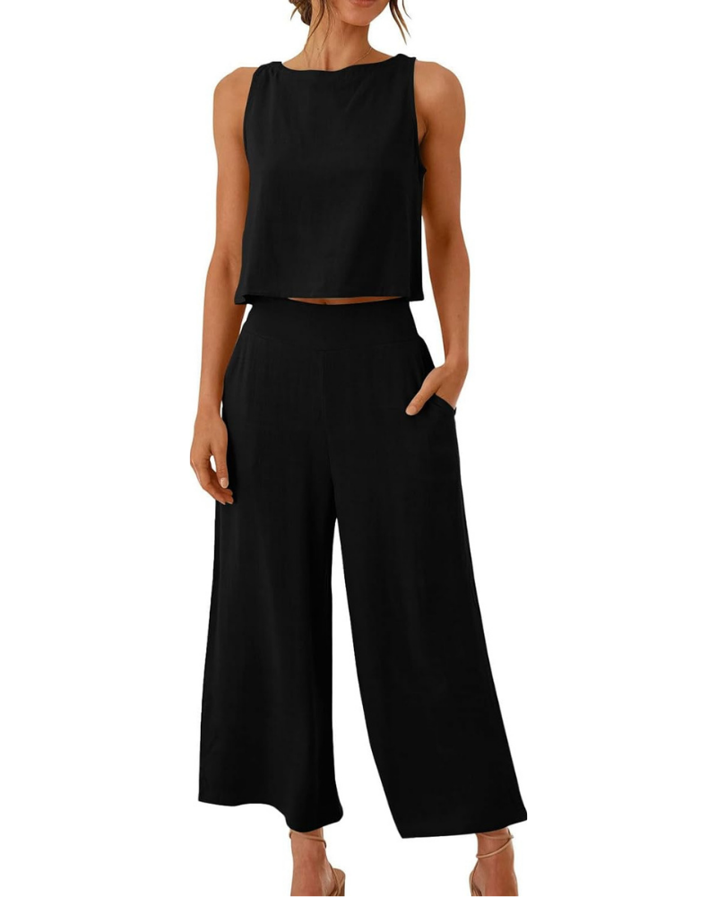 Conjunto completo Abigail para mujer en lino: camiseta y pantalones anchos para tallas grandes