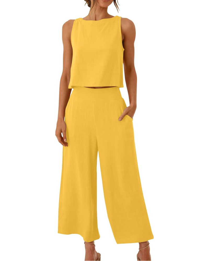 Conjunto completo Abigail para mujer en lino: camiseta y pantalones anchos para tallas grandes